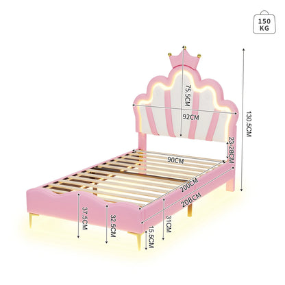 Kinderbed – Peuterbed – Juniorbed – Bedhuisje – Kinderbed met LED-verlichting – 90x200 cm – Gestoffeerd PU Leer – Kroonvormig Hoofdeinde - QUORE