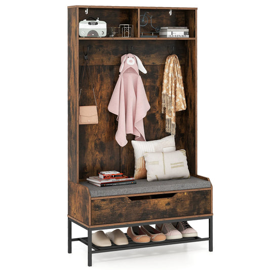 4-in-1 Kapstok met Zitbank – Garderoberek met Open Vakken - Schoenenkast en 3 Haken – Halgarderobe met Zitkussen – 90 x 38,5 x 170 cm