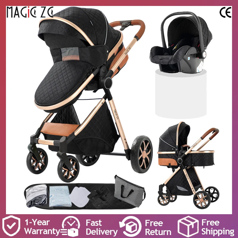 3 in 1 Baby Stroller with Car Seat Warm and Cozy Baby Pram High Landscape Infant Pushchair Lightweight Folding Travel Stroller