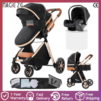 3 in 1 Baby Stroller with Car Seat Warm and Cozy Baby Pram High Landscape Infant Pushchair Lightweight Folding Travel Stroller