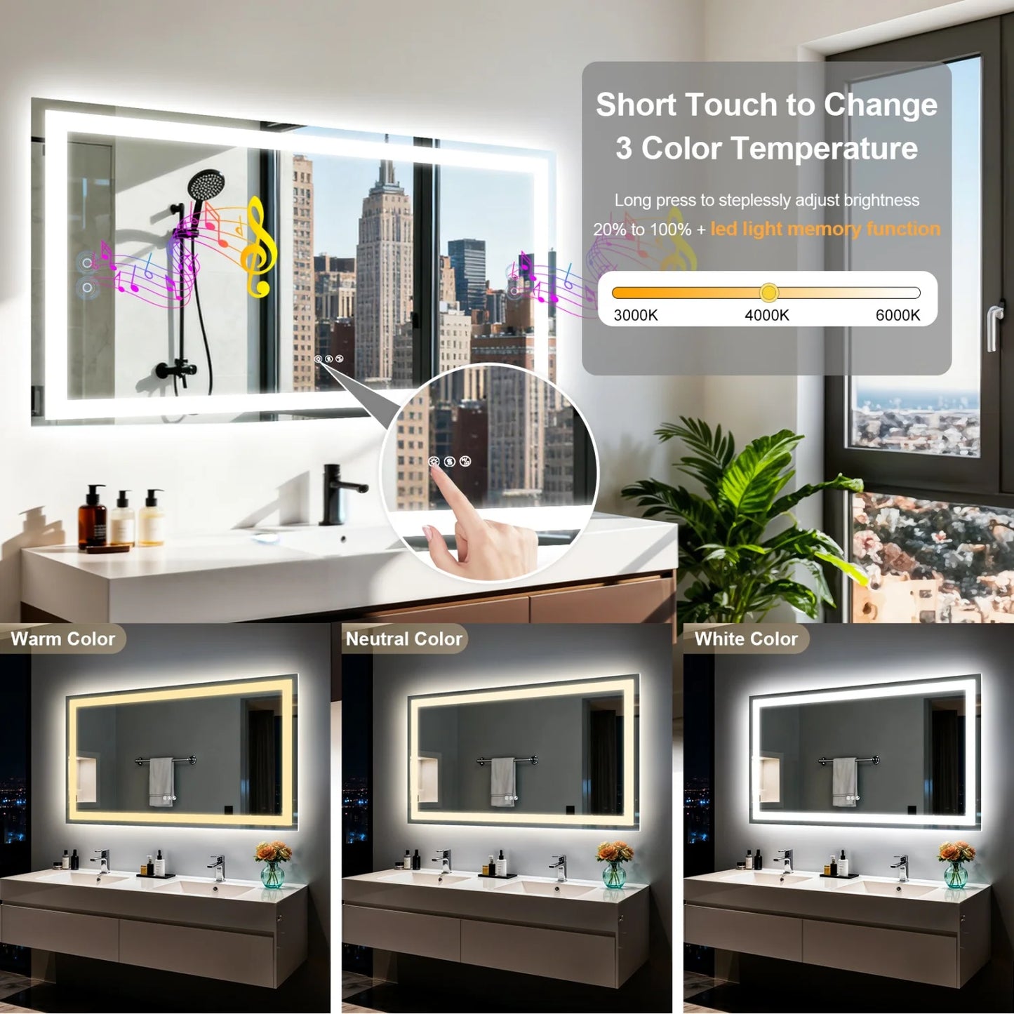 LED Badkamerspiegel – Spiegels Voor Badkamer – Make-up Spiegel – Verlichte Spiegel – Bluetooth Spiegel – 60x80 cm – Anti-Condens – Dimbare LED Verlichting