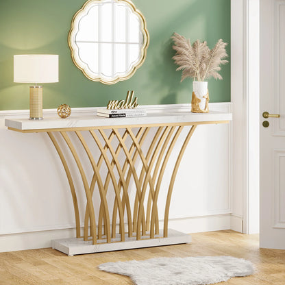 Consoletafel - Wandtafel - Haltafel - Sidetafel - Moderne Stijl - met Rastervormige Metalen Voet - Stevig Metalen Frame - voor Entree - Hal - Woonkamer - Staal - 30 x 150 x 80 cm - Wit & Goud - QUORE