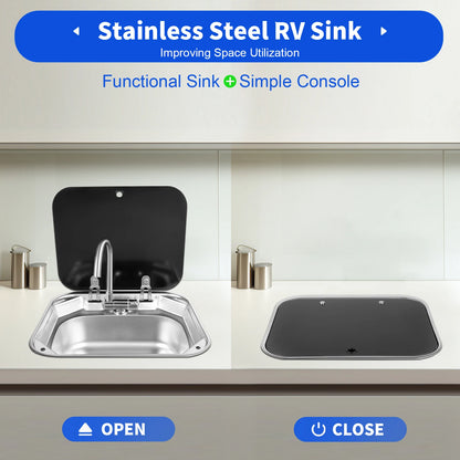 Spoelbak – Compacte Spoelbak – Camper Spoelbak – Kleine Keuken Spoelbak – Roestvrij Staal – Gehard Glas – Inklapbare Kraan