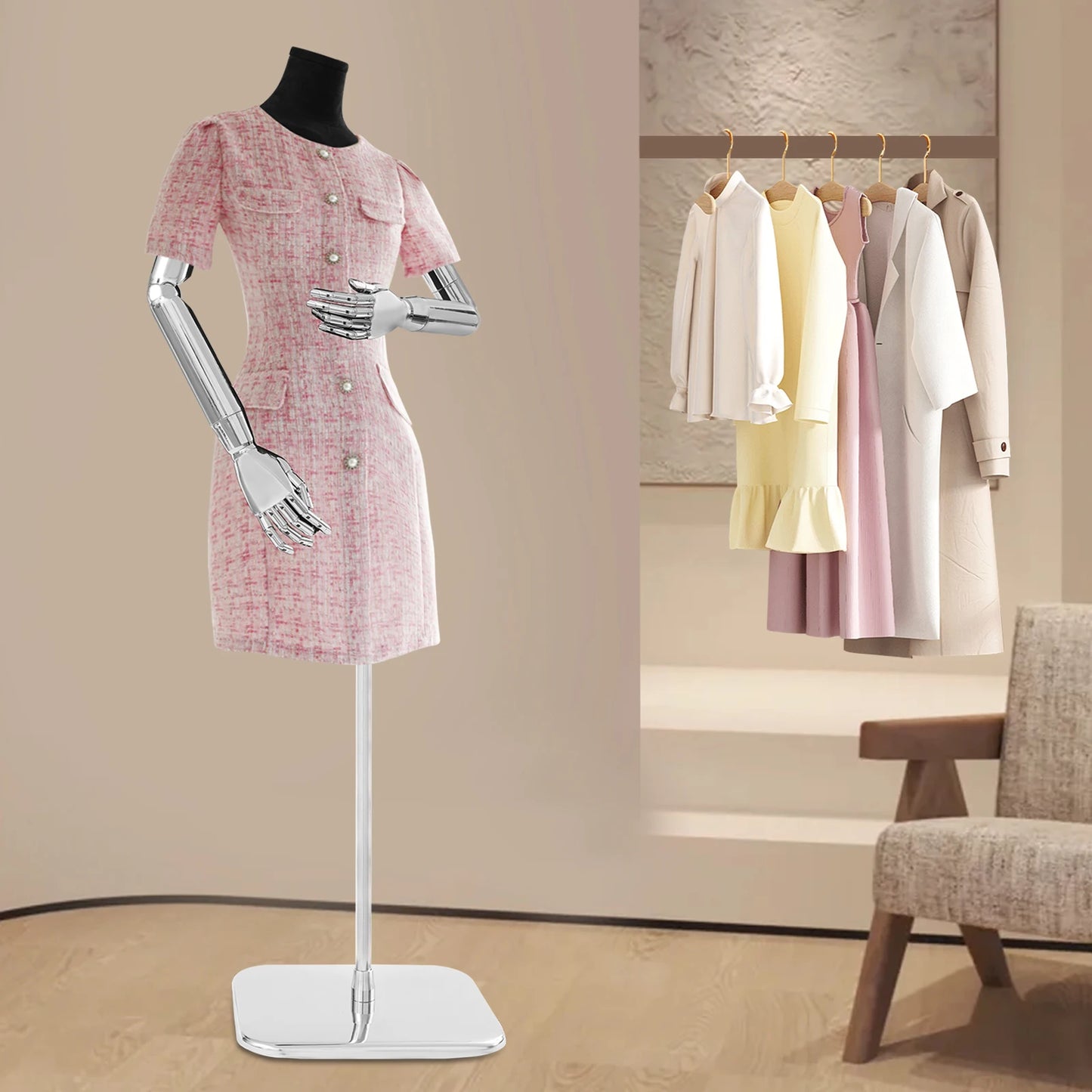 Damespaspop – Paspop – Kledingmodel – Mannequin – Displaypop – Verstelbare Hoogte 120-210 cm – Beweegbare Afneembare Armen – Zilver Zwart
