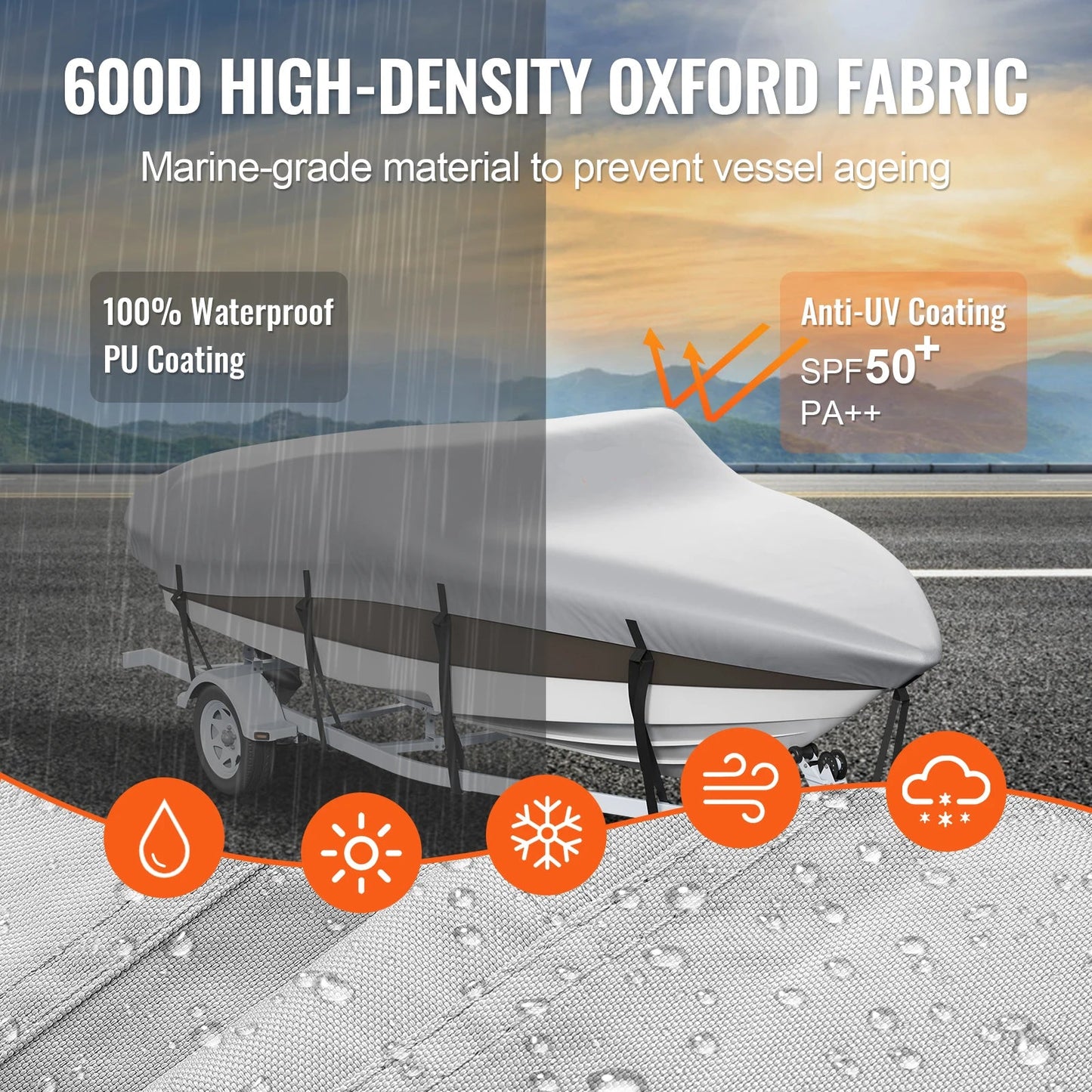 Boothoes - Bootzeil - Afdekzeil Boot - Trailerbare Waterdichte - met Motorafdekking- Gespriemen - 600D Oxford-materiaal - 23'-24' - Lichtgrijs