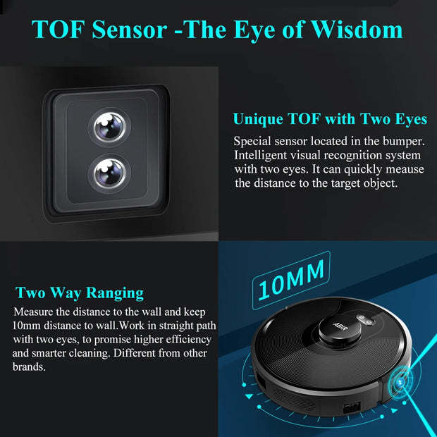 Abir - Robotstofzuiger - Stofzuiger - Lasersysteem - UV-reiniging - TOF Wisdom - Aangepaste kamer - 6500PA - 3200mAh - 14,8V - 32W - Zwart