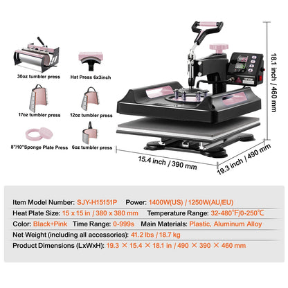 Warmtepers – Transferpers – T-shirt Pers – Sublimatiepers – Textielpers – 8-in-1 Multifunctioneel – 15x15 cm Werkoppervlak – 360° Zwenkarm & Digitale Timer