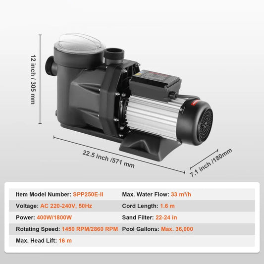 Zwembadpomp - 1 HP - Circulatiepomp voor Zwembad - 4223 GPH Capaciteit - Thermische Beveiliging - Stil en Krachtig - Voor Alle Watertypes - 33000 LH