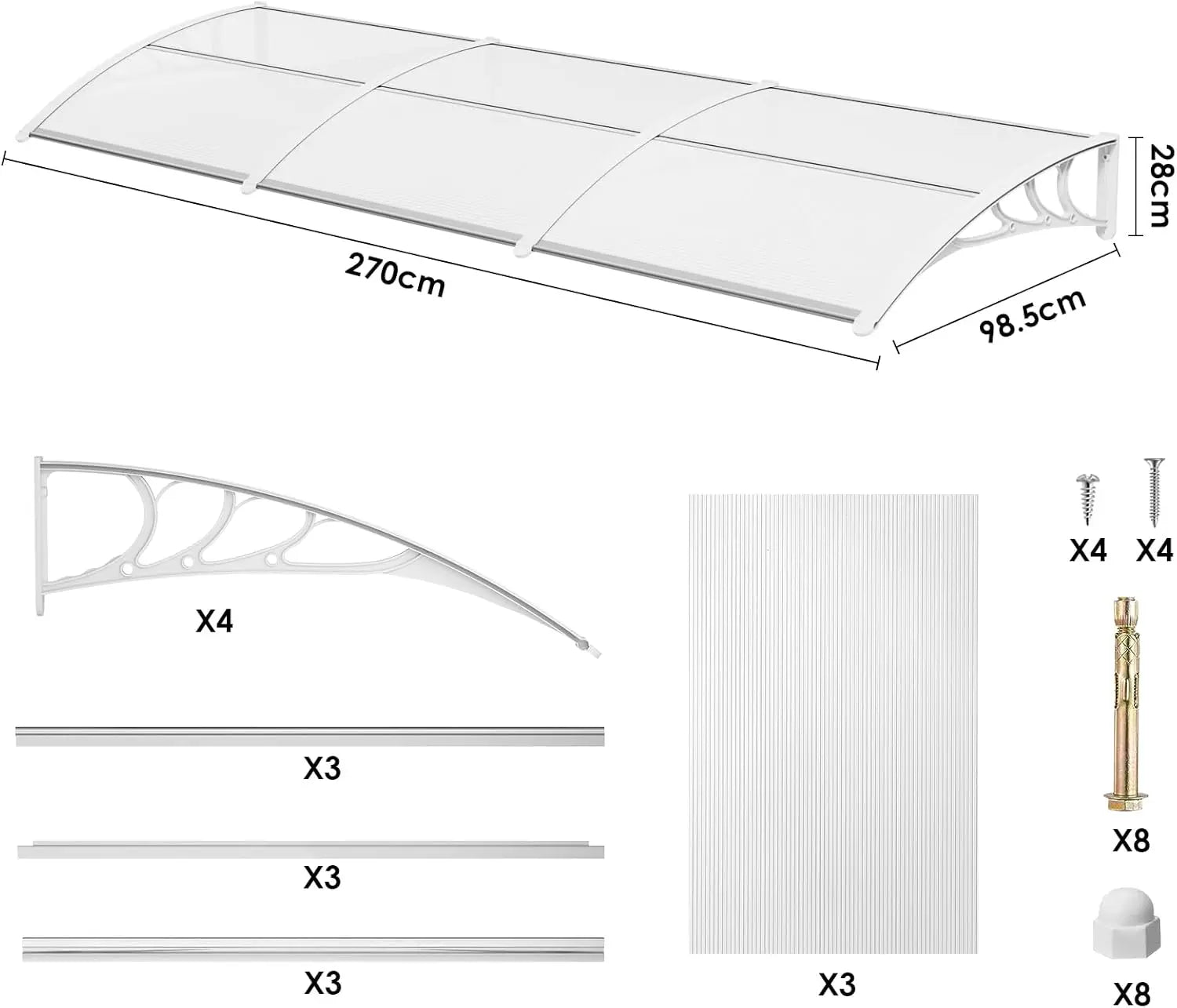 Deurluifel - Weerbestendige - Polycarbonaat Overkapping - Sterke ABS Beugels - Voor Deur - Raam - en Balkon - Efficiënte Waterafvoer - 270x98.5cm - Wit - QUORE