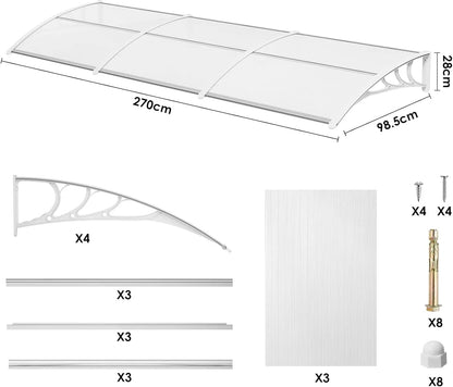 Deurluifel - Weerbestendige - Polycarbonaat Overkapping - Sterke ABS Beugels - Voor Deur - Raam - en Balkon - Efficiënte Waterafvoer - 270x98.5cm - Wit - QUORE