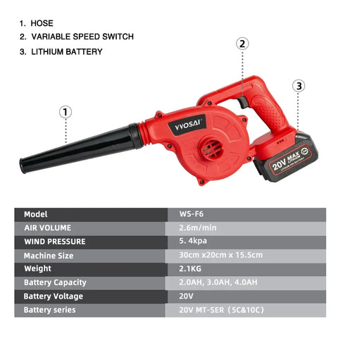 WS-F6-A2 - Leaf Blower - Low noise - 19000rpm - 20V - Leaf Vacuums and Blowers - Cordless Leaf Blower - Red