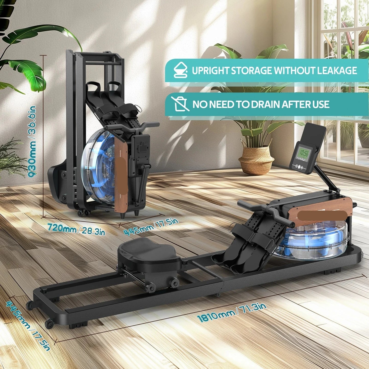 Water Roeimachine - Roeimachine - Magnetische Roeitrainer - Roeiapparaat - Opvouwbare - met Bluetooth Monitor - van Massief Hout - Ergonomisch Zitvlak - Max 160kg - 14L Watertank - Met Tablet Houder - Voor Thuisgebruik - Zwart - QUORE
