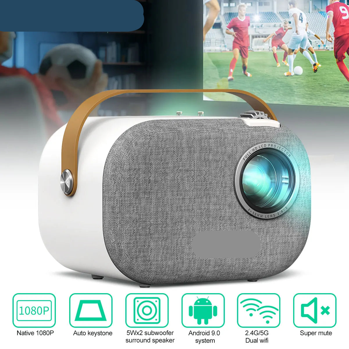 Beamer - Projector - Mini Beamer - 1080P Home Theater Mini Projector - 2.4G/5G WiFi, 200ANSI, Android 9.0 & Google Assistant – EU Plug