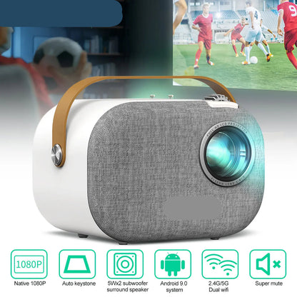 Beamer - Projector - Mini Beamer - 1080P Home Theater Mini Projector - 2.4G/5G WiFi, 200ANSI, Android 9.0 & Google Assistant – EU Plug