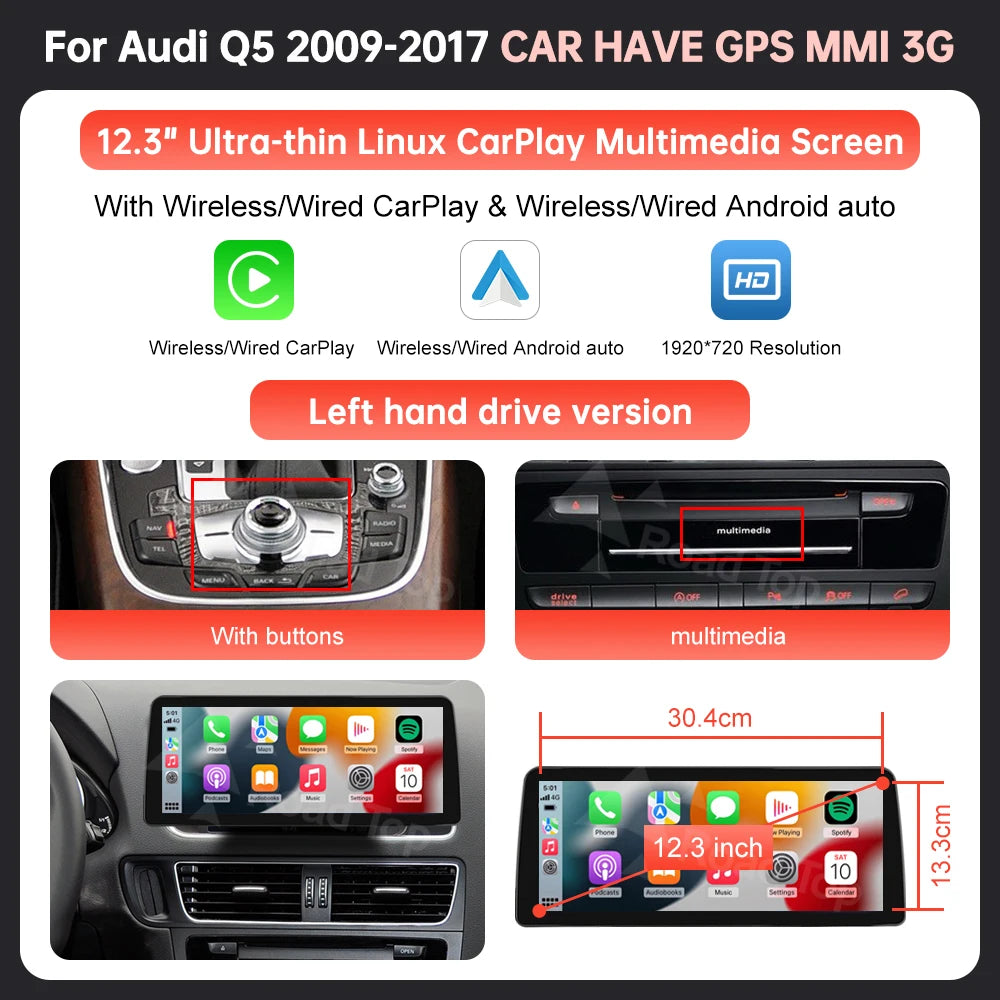 12,3 Inch Multimedia Scherm – Touchscreen Display – Infotainment Systeem – Navigatiescherm – Autobediening – Draadloze CarPlay & Android Auto – Ultra Dun Design – Airplay Autolink Functie