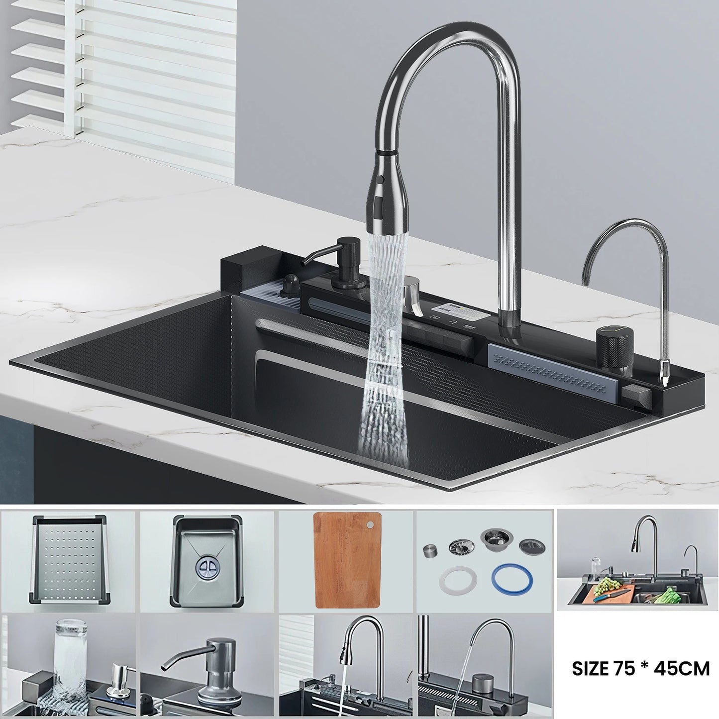 Multifunction Digital Display Kitchen Sink Smart Kitchen Sinks Stainless Steel Sink with Two Integrated Waterfall Taps