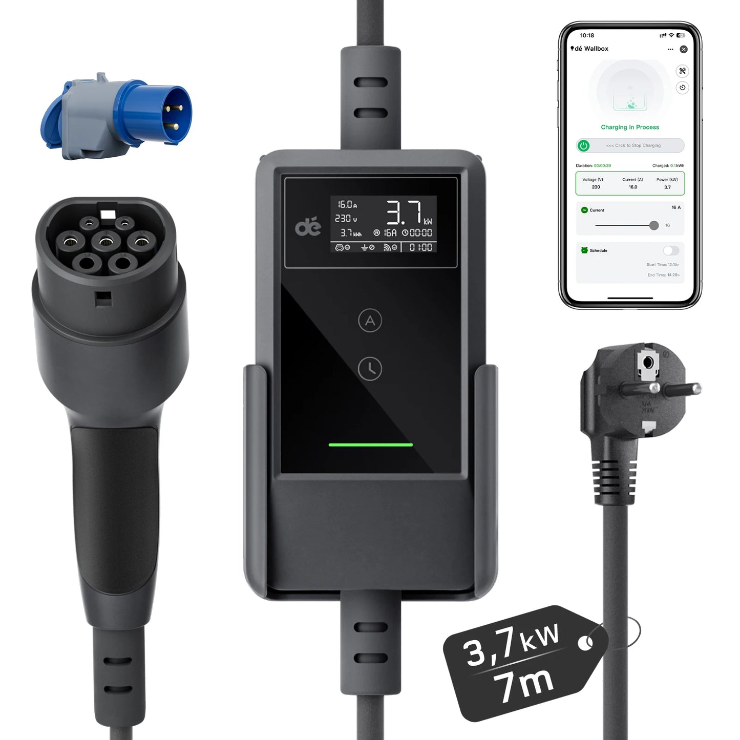Elektrische Autolader Type 2 – EV Oplader – Laadkabel – Mobiele Lader – Snel Opladen – 7 Meter Kabel – Digitaal Display – 16A 3,7 kW - QUORE