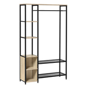 Kapstok met Kledingrail – 3 Planken – 2 Schoenenrekken – 2 Compartimenten – Stevige Jasstandaard – Opslag voor Hal & Garderobe – 100x165x30 cm – Zwart & Lichte Eiken