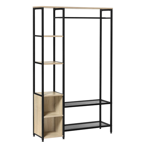 Kapstok met Kledingrail – 3 Planken – 2 Schoenenrekken – 2 Compartimenten – Stevige Jasstandaard – Opslag voor Hal & Garderobe – 100x165x30 cm – Zwart & Lichte Eiken