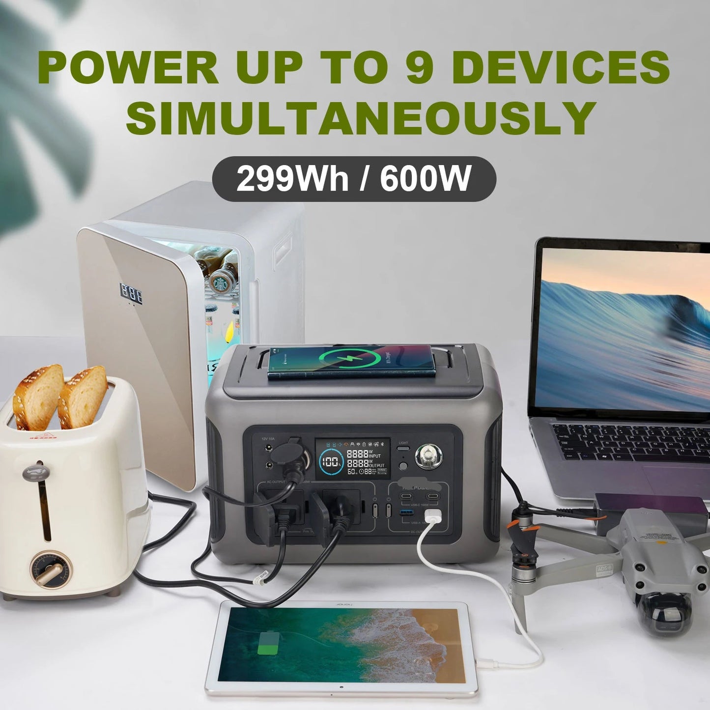 Draagbare Powerstation - Powerbank - Stroomgenerator - Generator - 600W Vermogen – Generatoren - 299Wh LiFePO4 Batterij – UPS & MPPT Technologie – Snelle Oplaadtijd – Geschikt voor Outdoor & Noodstroomvoorziening - Zwart - QUORE