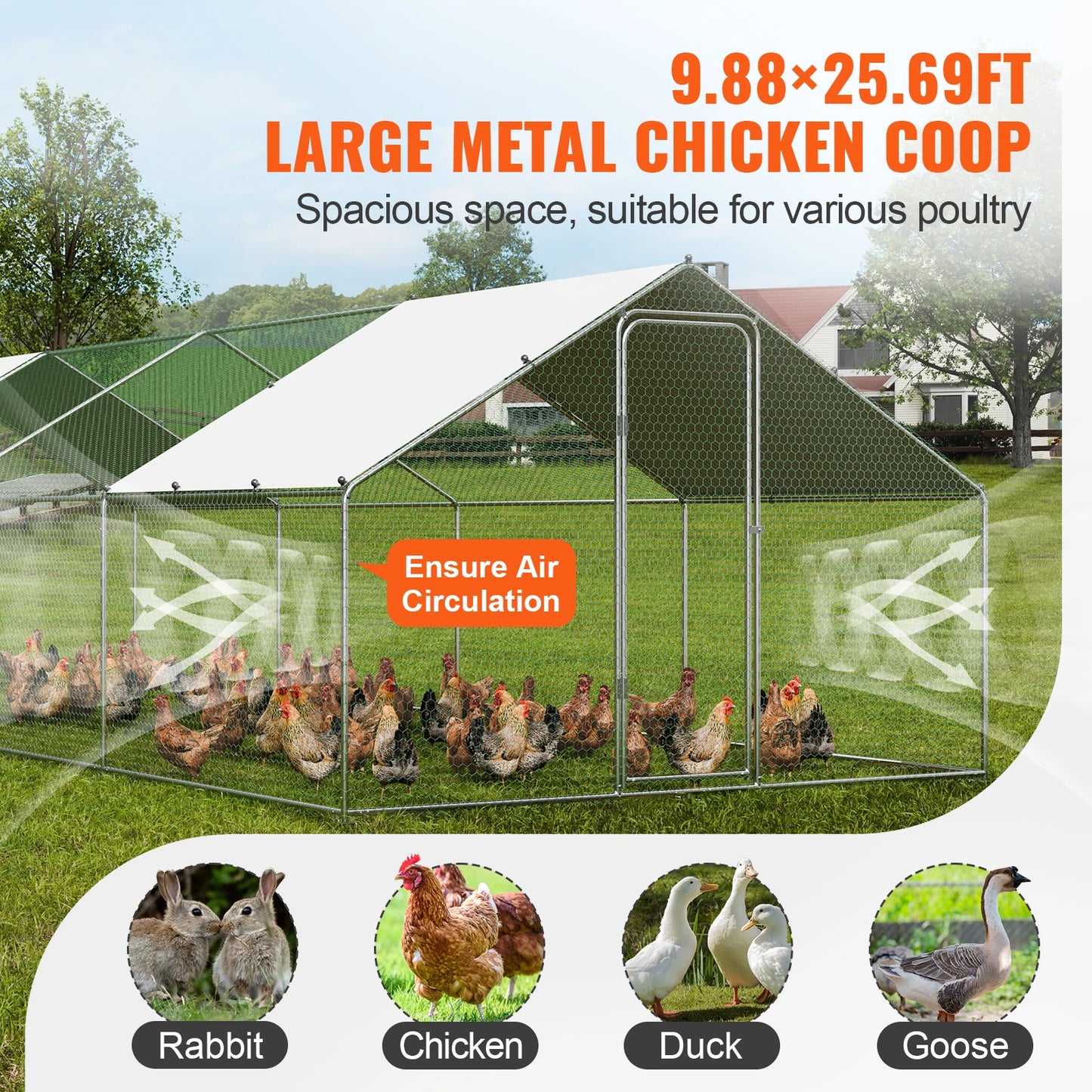 Kippenren - Kippenhokken - Kippenhok - Inloop Kippenren - Grote Metalen - 4x3x2m - met Dak - Koepel Ontwerp - Weerbestendige - Kippenkooi - Verzinkt Stalen Frame - met PE Net - voor Tuin - Boerderij - Eenden - Konijnen & Pluimvee