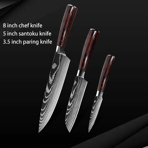 Keukenmessen - Knife set - Chef Knife - Knives - Kitchen Knife - Roestvrij staal met hoog koolstofgehalte - Damascus-tekening - Hakmesset - Santoku-koksmes - 7stuks