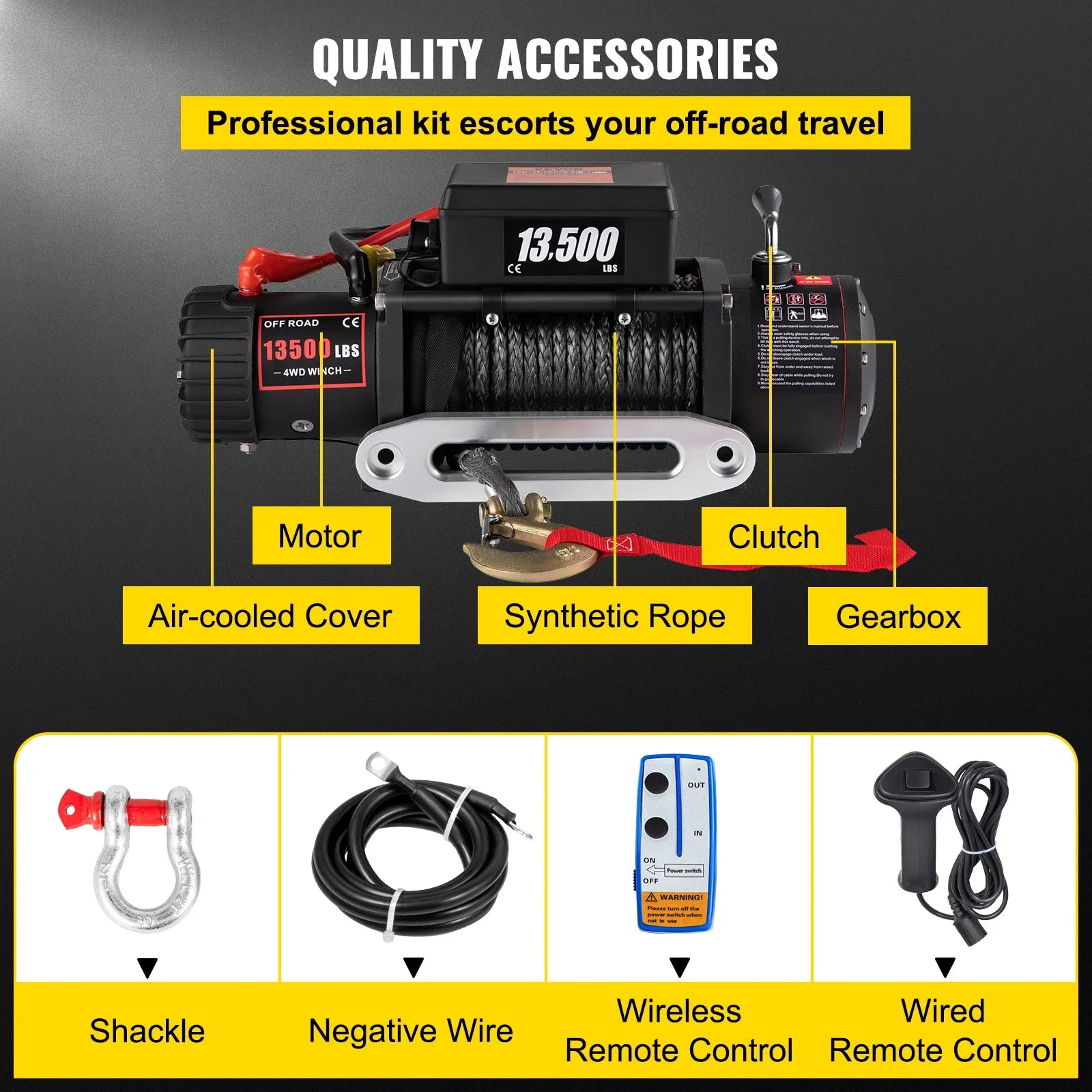Trekkracht Lier – Werk Lier – Elektrische Lier – Offroad Lier – 6.123 Kg Trekkracht – 24 Meter Synthetische Kabel - QUORE