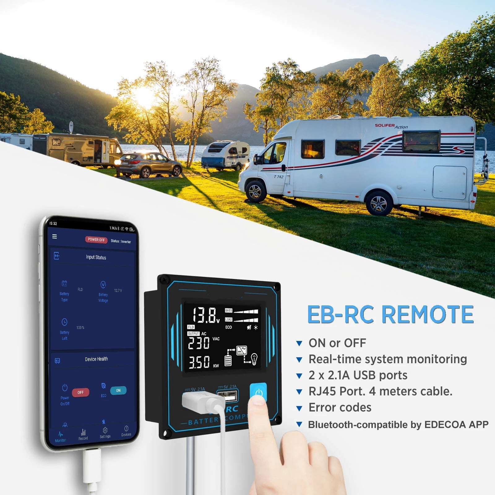 Zuivere Sinus Omvormer – Inverter – Stroomomvormer – 12V Naar 230V – 3500W Continu Vermogen – Bluetooth Afstandsbediening - QUORE
