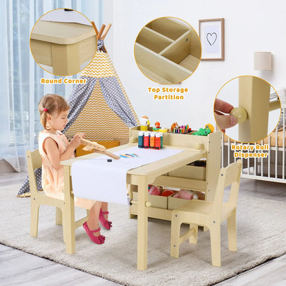Kinderkunsttafel En Stoelen Set – Knutseltafel – Tafel Met Stoelen – Creatieve Speeltafel – Houten Kunsttafel – Papierrolhouder – Ergonomische Stoelen - Grey - QUORE