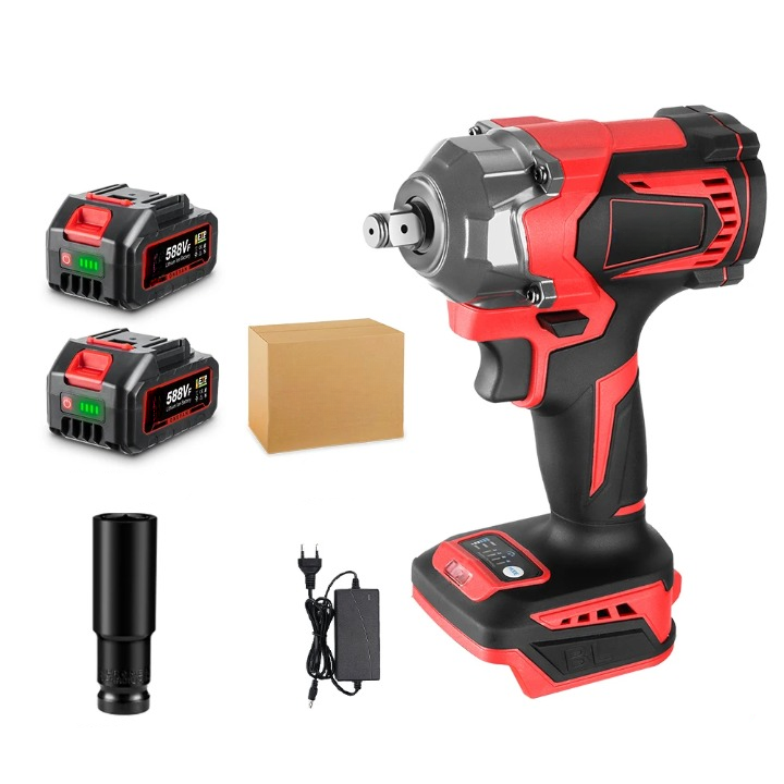 Elektrische Slagmoersleutel - Slagmoer - Koolborstelloze Motor - Slagtol - Slagsleutel - 1200Nm - 2 x Accu - Oplader - 1/2 Inch - 1200W - voor 18-21V Batterij - Rood/Zwart