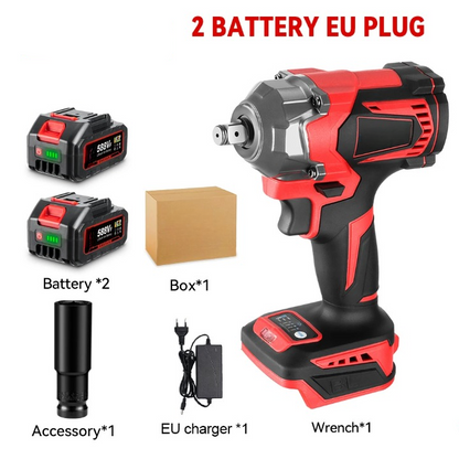 Elektrische Slagmoersleutel - Slagmoer - Koolborstelloze Motor - Slagtol - Slagsleutel - 1200Nm - 2 x Accu - Oplader - 1/2 Inch - 1200W - voor 18-21V Batterij - Rood/Zwart