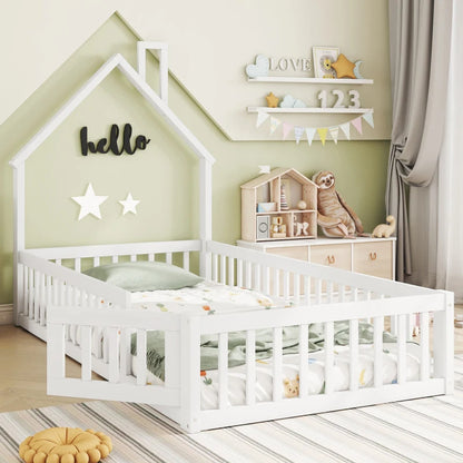 Kinderbed Tweepersoonsbed - Bed in Huis Design met Schoorsteen - Massief Houten - Bed met Lattenbodem -  140x200 cm  –  Wit