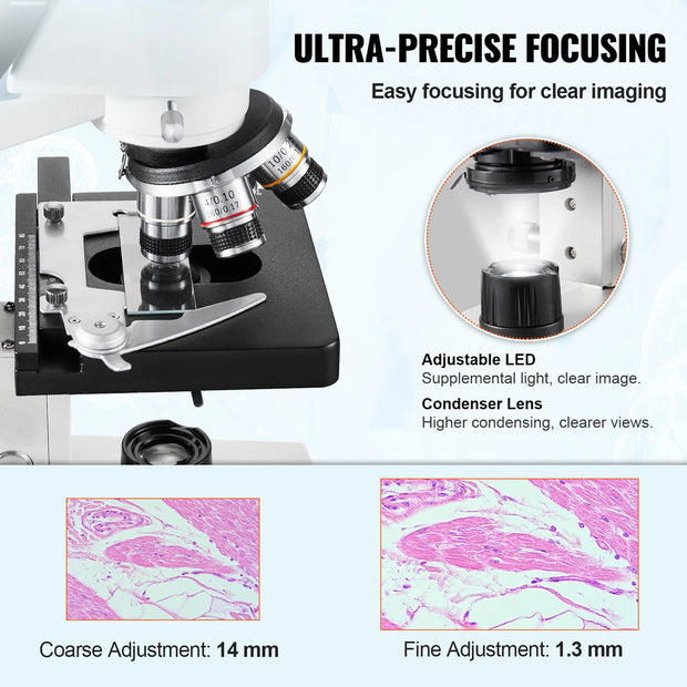 Vevor - Digital microscope - Lab microscope - Compound binocular microscope - 40X-2500X - with LED illumination - Metal base - White