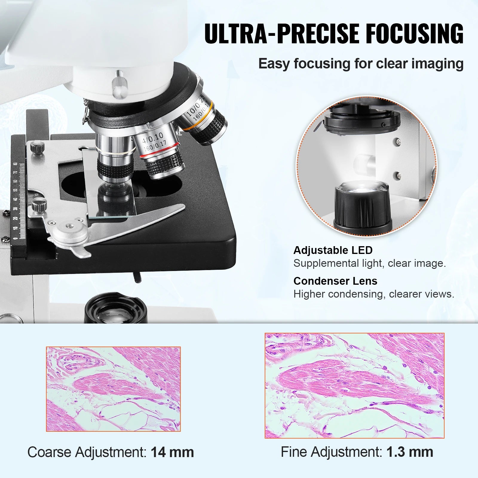 Trinoculaire Microscoop – Biologisch Microscoop – Laboratorium Microscoop – Onderzoeks Microscoop – Vergroting 40x Tot 5000x – Verstelbare LED-Verlichting – Preciese Scherpstelling - QUORE