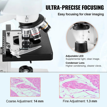 Trinoculaire Microscoop – Biologisch Microscoop – Laboratorium Microscoop – Onderzoeks Microscoop – Vergroting 40x Tot 5000x – Verstelbare LED-Verlichting – Preciese Scherpstelling - QUORE