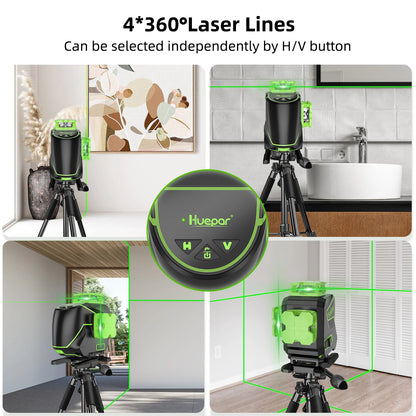 Kruislijnlaser - 4D Kruislijn - Bouwlaser - Rotatielaser - Laserliner - Laser - 16-Lijn – Groene Straal – Inclusief Detector & Statief – Geschikt voor Tegel- en Vloerwerk