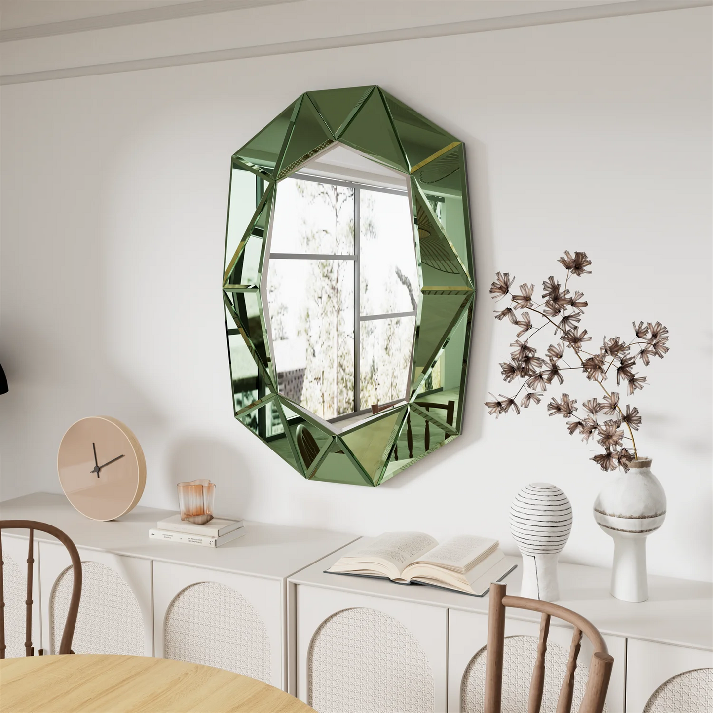 groene wandspiegel – muurspiegel – decoratieve spiegel – design spiegel – asymmetrische spiegel – 72x100 cm – glas en MDF – bevelled edge frame - QUORE