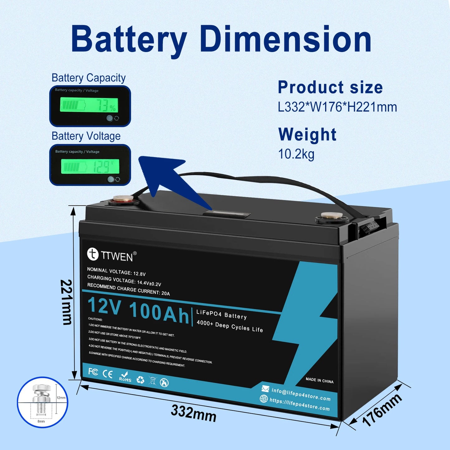 LiFePO4 Accu – Lithium Batterij – Camperaccu – Bootaccu – Off-Grid Accu – 12,8V 100Ah – 4000 Cycli