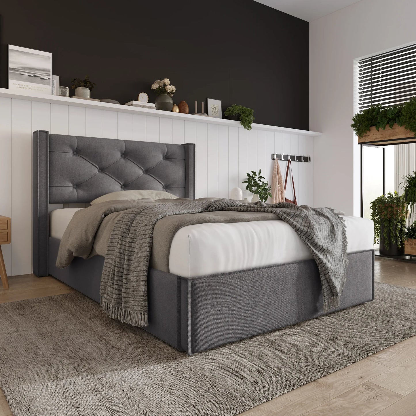 Bedframe – Eenpersoonsbed – Stalen Bed – Lattenbodem – Opbergruimte – Hydraulische Lift – Katoenen Hoofdeinde – 160x200 cm - QUORE
