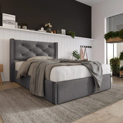 Bedframe – Eenpersoonsbed – Stalen Bed – Lattenbodem – Opbergruimte – Hydraulische Lift – Katoenen Hoofdeinde – 160x200 cm - QUORE