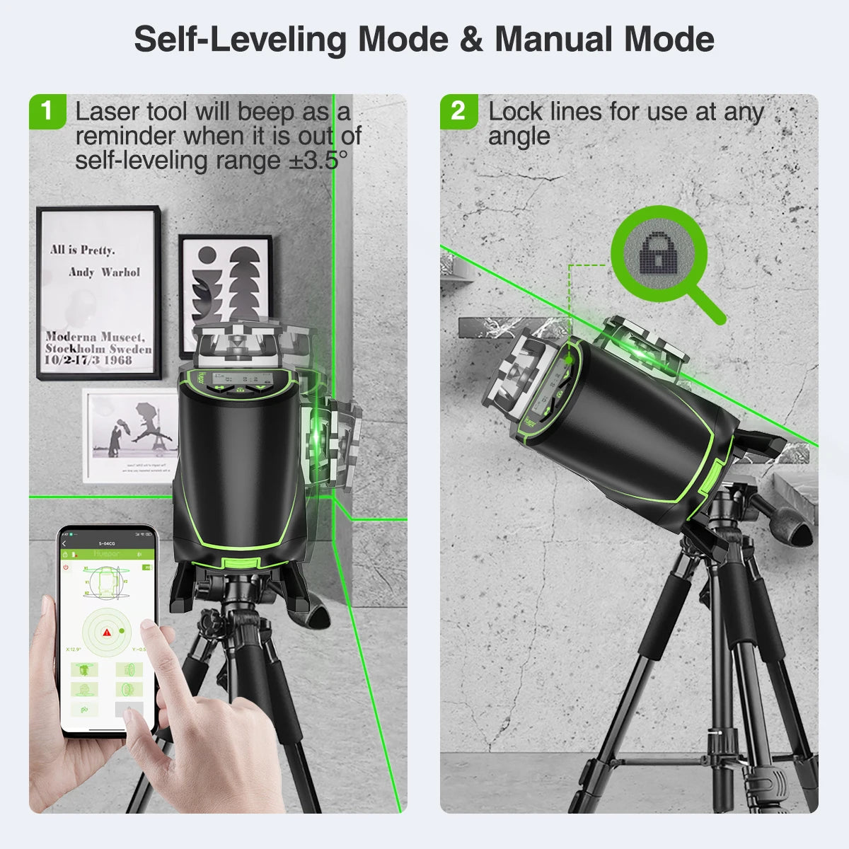 Huepar S04CG 16 lines 4D Cross Line Laser Level LCD Screen Bluetooth Remote Control Green Laser Tools With Adapter & Rangefinder