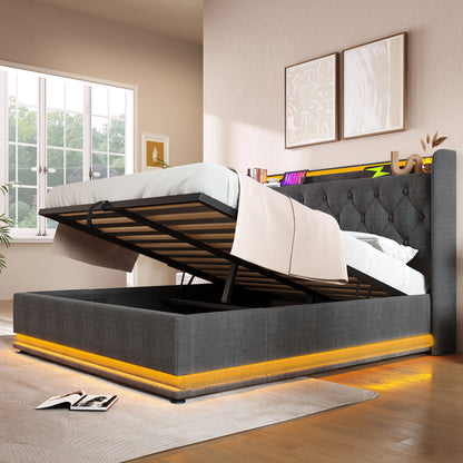 Opbergbed – Opbergboxspring – Hydraulisch Bed – Gestoffeerd Bed – Slaapbank – 180x200 cm – Linnen Bekleding – 360° LED-Verlichting – USB Type-C Oplaadpoort