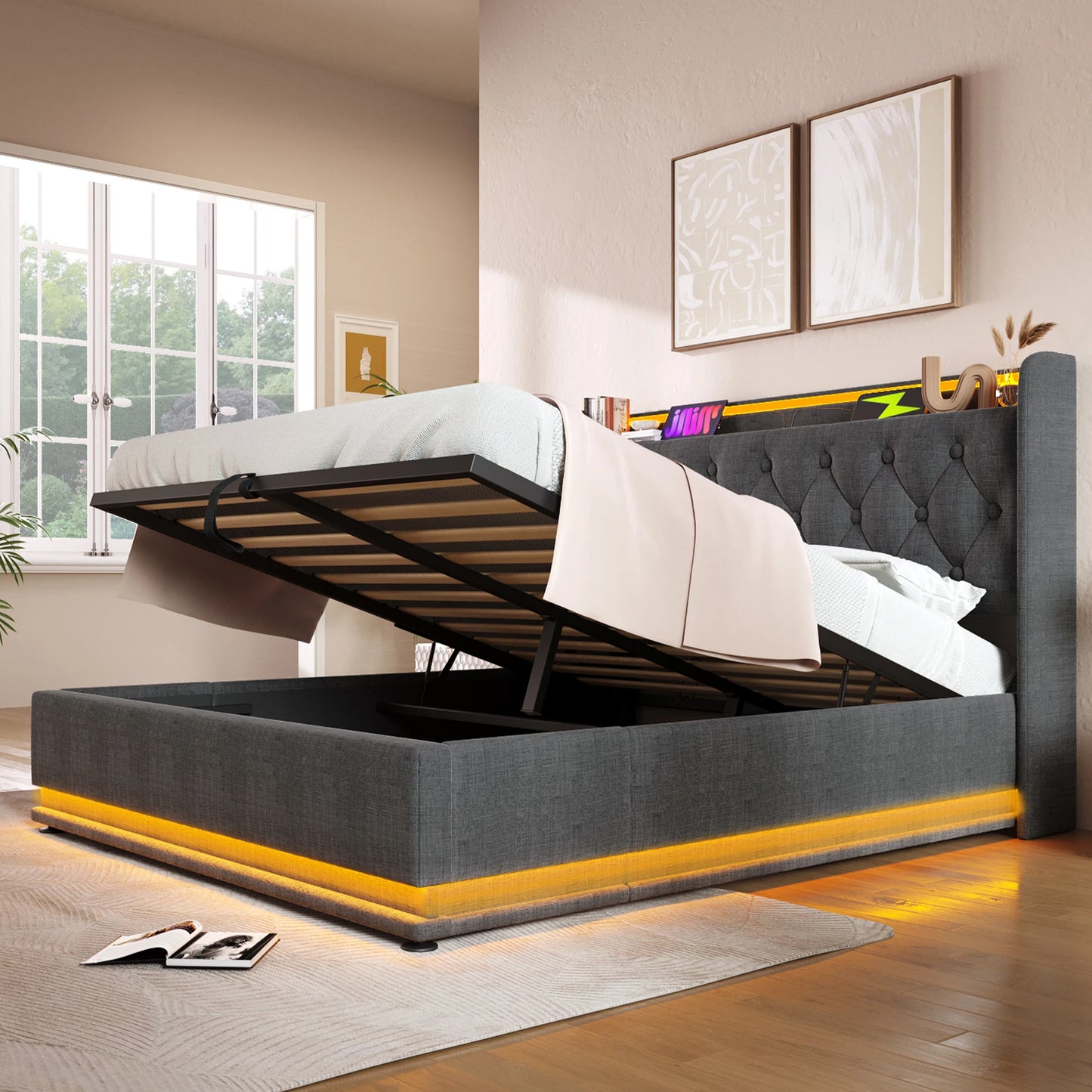 Opbergbed – Bed Met Opbergruimte – Slaapbank – Boxspring – Bedframe – Donkergrijs 160x200 cm – LED-Verlichting Met 360° Surround – USB Type-C Oplaadpoort