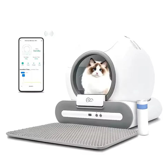 Automatische Kattenbak - Kattenbakvulling - Kattentoilet - met Mat - Zelfreinigende Functie - App Controle - Ionische Geurverwijderende Sterilisatie - 48 x 50 cm - Wit