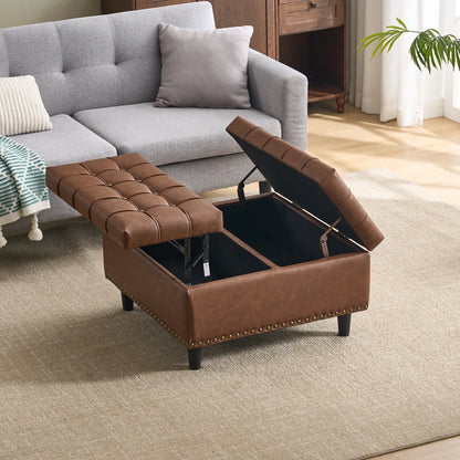 Opbergpoef – Opbergbank – Zitkist – Opbergbox – Hocker – Stevig Massief Houten Frame – Zachte PU-Leren Bekleding – Groot Vierkant – 75x75x41 cm