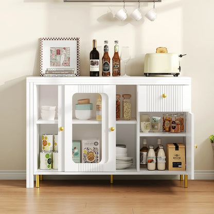 White Buffet Sideboard With Foldable And Pull-Out Table Top, Rotatable Surface, Glass Sliding Doors For Dining Room And Kitchen