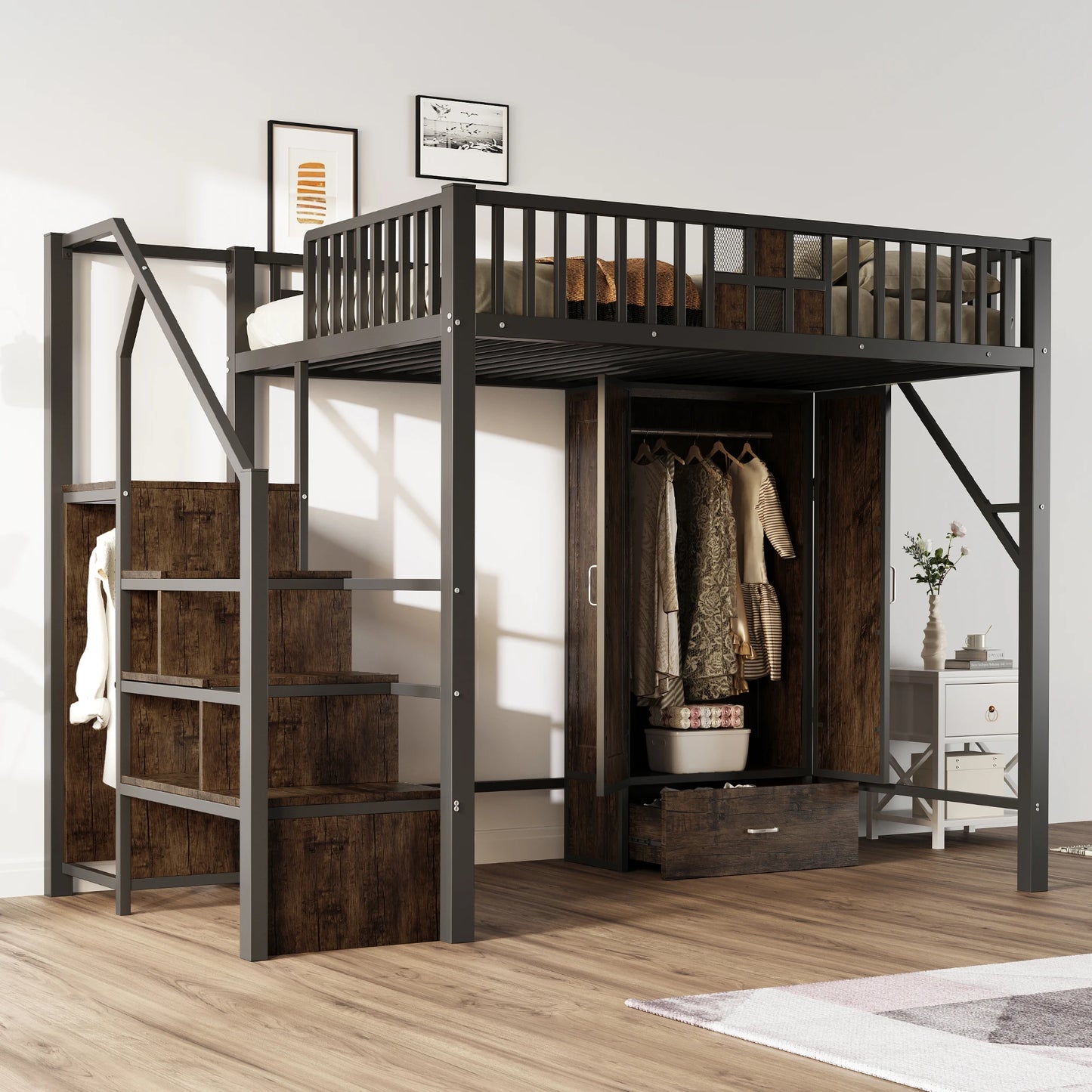 Tweepersoonsbed – Bedbank – Opbergbed – Slaapbed – Ledikant – Ruimtebesparend met Lades en Kast – 90x200 & 140x200 cm – Wit en Naturel – Inclusief Trapje en Deurframe – Zonder Matras