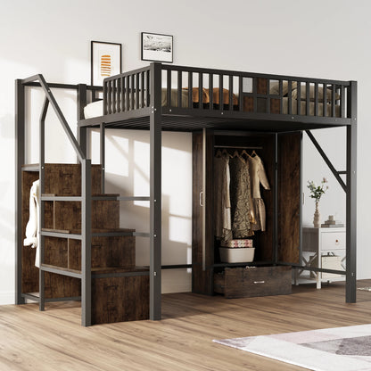 Tweepersoonsbed – Bedbank – Opbergbed – Slaapbed – Ledikant – Ruimtebesparend met Lades en Kast – 90x200 & 140x200 cm – Wit en Naturel – Inclusief Trapje en Deurframe – Zonder Matras