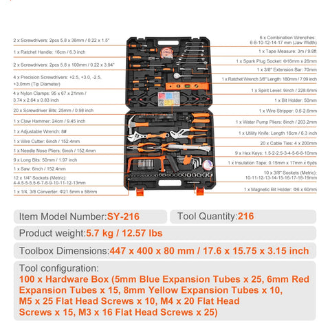 Gereedschapskoffer – 216-delige Set – Inclusief Hamer, Schroevendraaiers & Tang – Ideaal voor Huis & Auto – Zwart