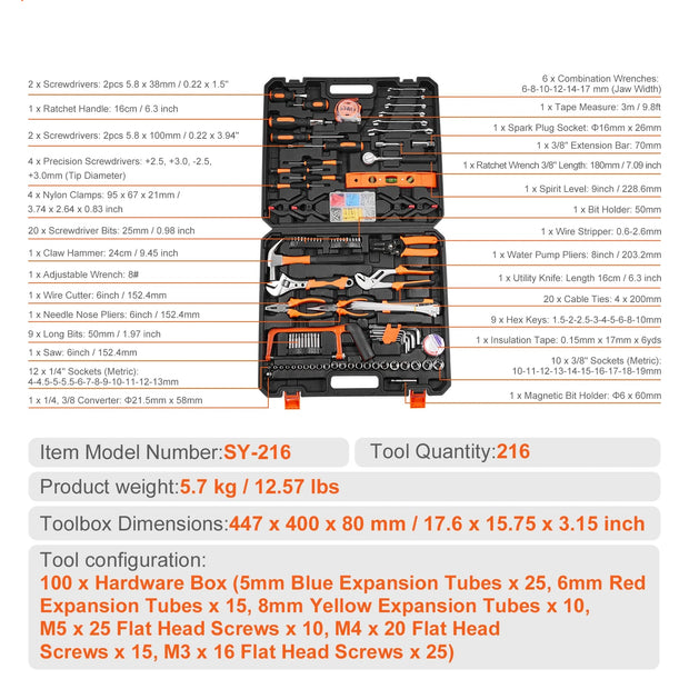 Gereedschapskoffer – 216-delige Set – Inclusief Hamer, Schroevendraaiers & Tang – Ideaal voor Huis & Auto – Zwart